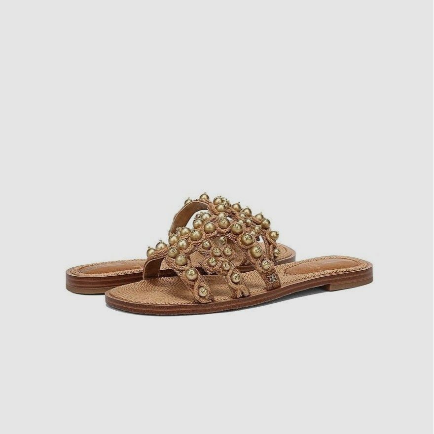 Sam Edelman Womens 9 M Gold Bay Soleil Strappy Slip On Flat Sandals Nib Pf7